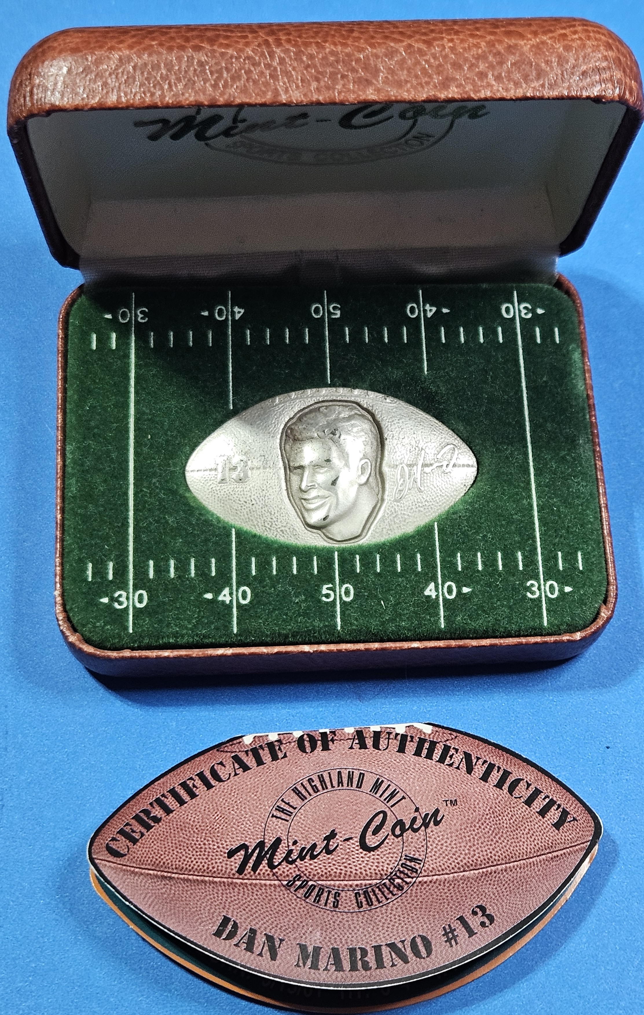 ~RARE~ Highland Mint - Football Shape 1 oz -.999 Pure Silver Bar - with COA - on Cool Football Field Display - Hall of Famer -- Dan Marino - Miami Dolphin Great