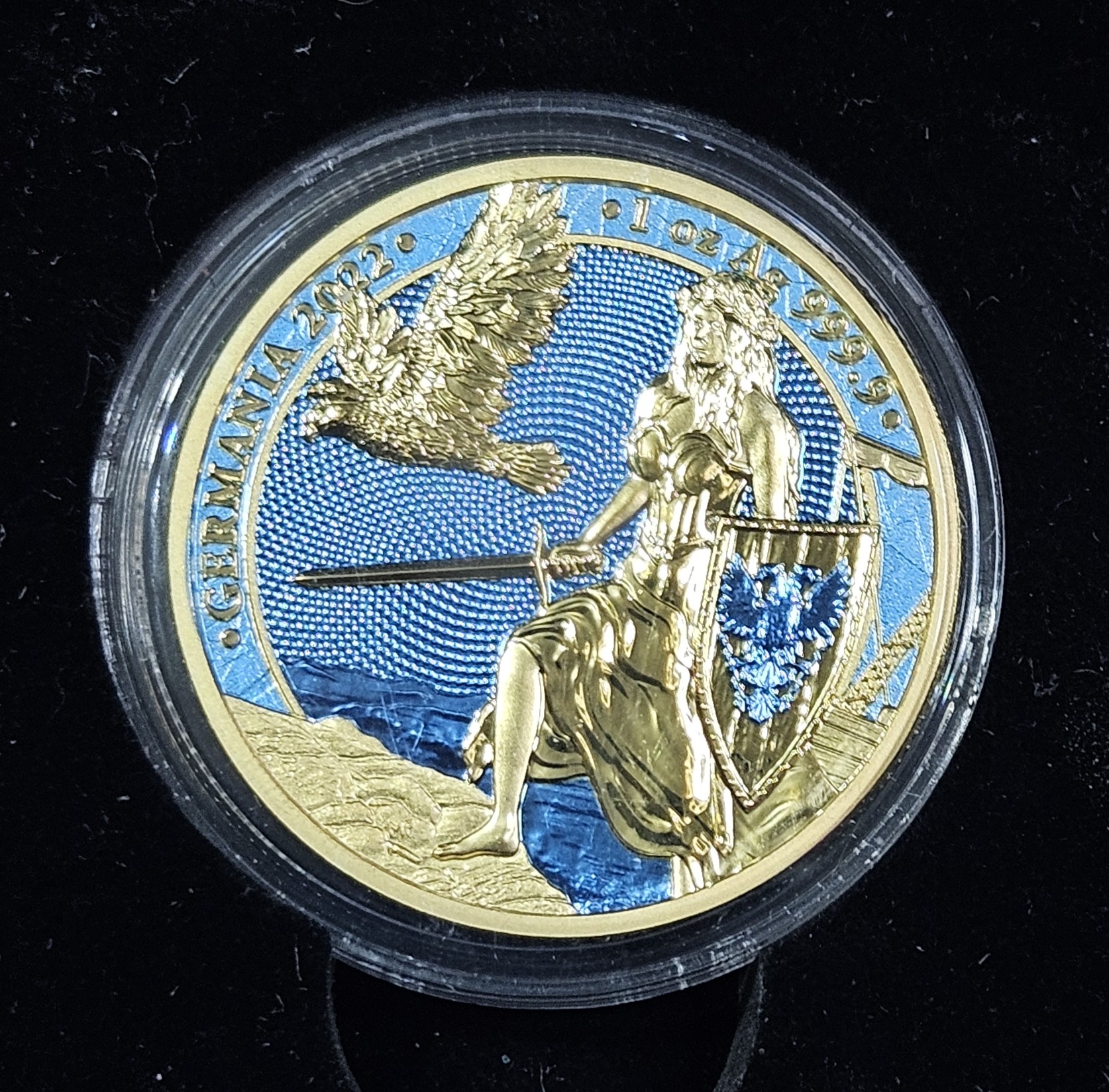 Collectible Germania Mint 1 Troy Ounce .9999 Silver Bullion - Gold Gilded - with COA and Wooden Presentation Case