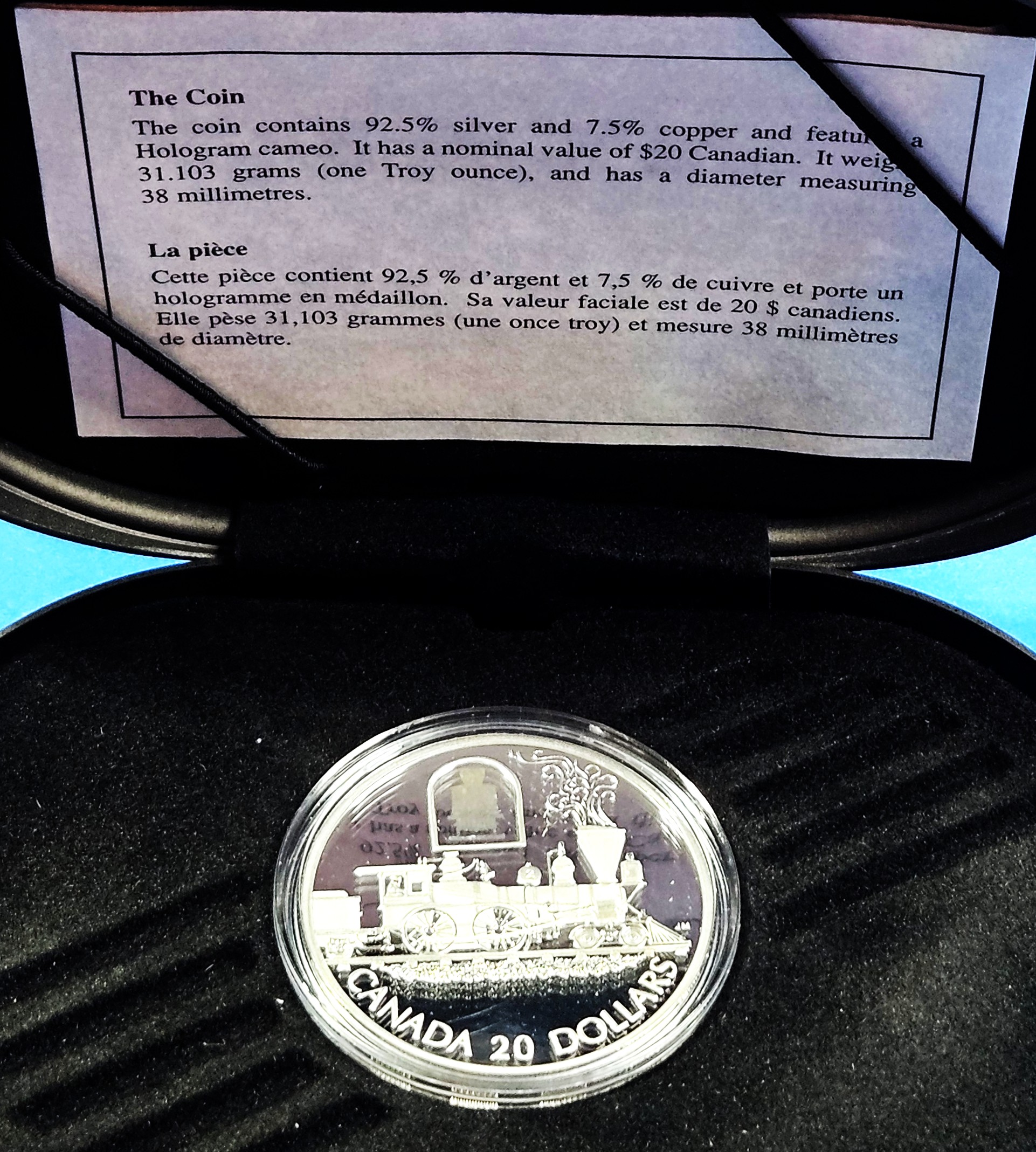 1 Troy Ounce Silver Proof - $20 Canadian Locomive Train Depiction in Fancy Presentation Case