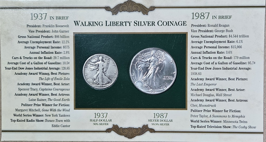 1937 Walking Liberty half - 1987 US Silver Eagle - 50 Year Info Card