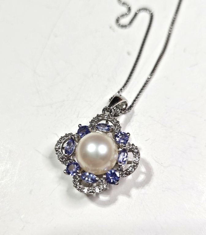Sterling Silver Fashion Pearl - Colored CZ Necklace