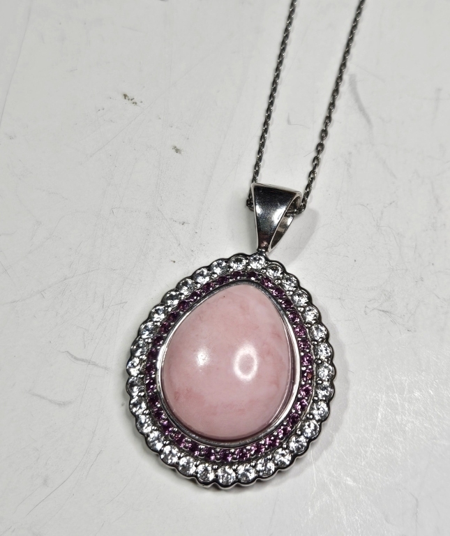 Sterling Silver Pink Polished Stone w/ CZ - Necklace