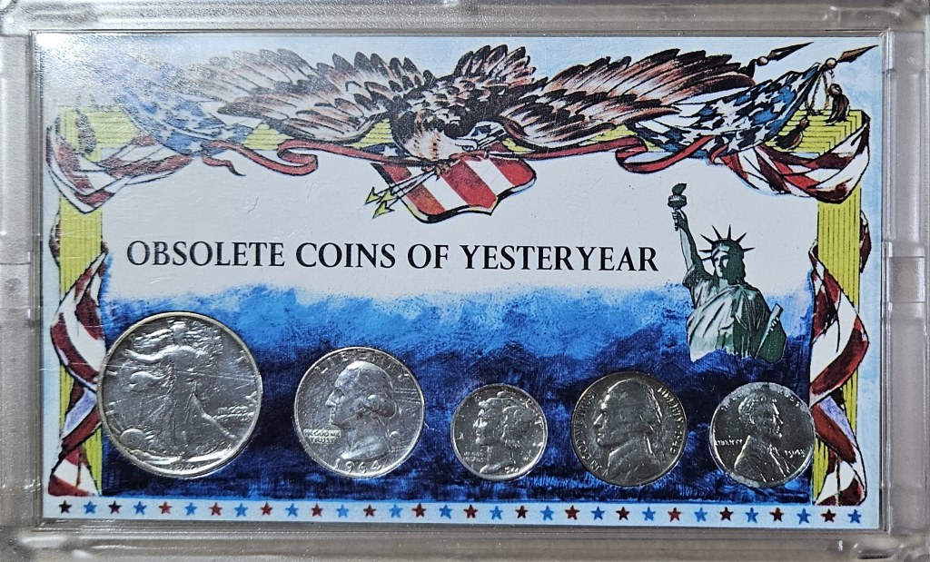 Cool Collectible Obsolote Coins of Yesterday Plastic Display - 90% Silver Coins Included - Walking Liberty - Quarter - Dime