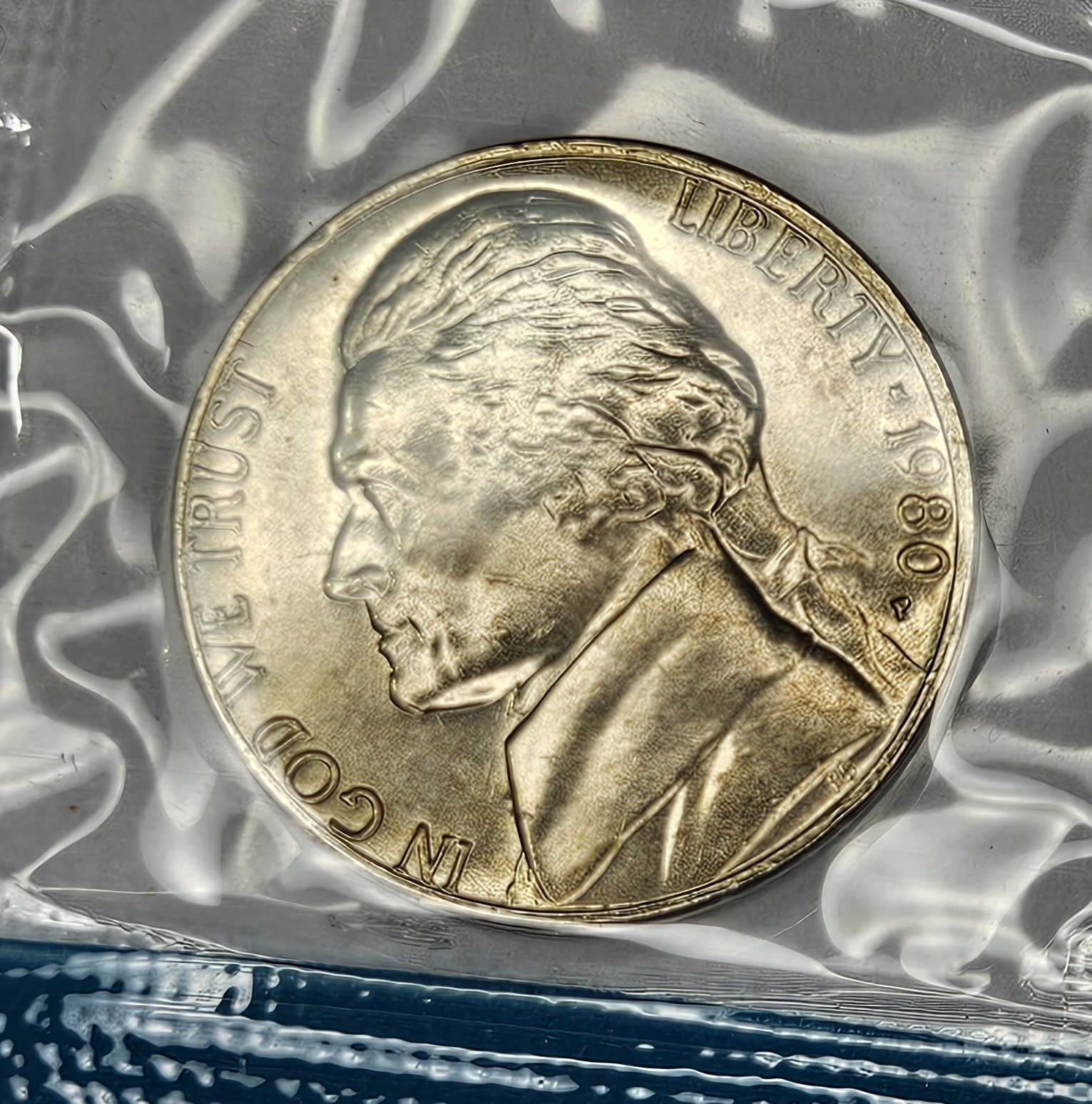 1980 Jefferson US Mint Nickel in Mint cello