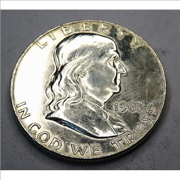 1963 D Franklin Half Dollar - US Coin 90% Silver- Readable Liberty Bell Writing -