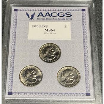 1980 PDS Trio of Susan B Anthony Dollar - MS 64 AACGS