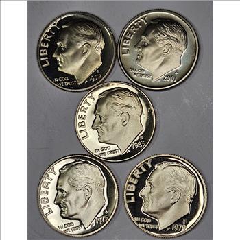 FIVE - Assorted GEM PROOF Roosevelt Dimes-