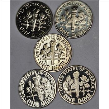 FIVE - Assorted GEM PROOF Roosevelt Dimes-