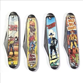 (4) Vintage USA Made Collecotrs Pocket Knives - Hopalong Cassidy - Tom Mix -Rex Allen - Wild Bill Ellliot - Vintage TV and Movie Stars