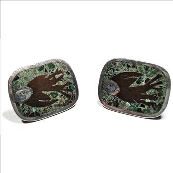 Vintage TAXCO Sterling Silver Raven Design Chip Inlay Earrings