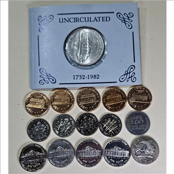 Assorted Silver and Proof Coins - Nickels - Cents - 1982 Washington Half Silver 