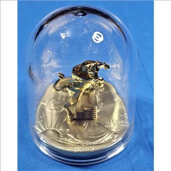 Superior Collectible - 2025 Gilded Silver Eagle with Gilded Bull Figurine Under Glass Dome