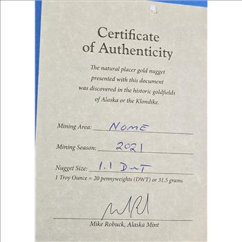 1.55 gram Natural Alaskan Gold Nugget in Presentation Folio w/ COA from Nome Alaska Mine