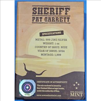 1 oz Silver Pat Garret Art Bar in Collectible Wild West Case Packaging