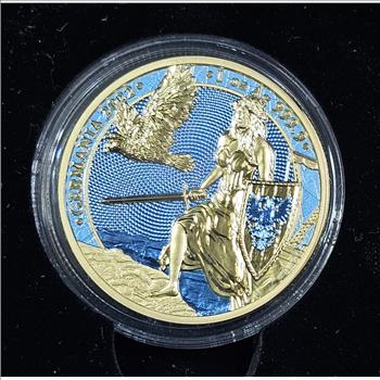 Collectible Germania Mint 1 Troy Ounce .9999 Silver Bullion - Gold Gilded - with COA and Wooden Presentation Case