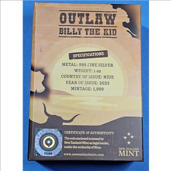 ~Rare~ Billy the Kid Wild West 1 oz Silver Art Bar in Presentation Case - .999 Silver