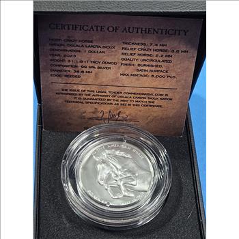 ~LIMITED EDITION~ High Relief Crazy Horse 1 Troy Ounce Silver Round with COA and Presentation Box