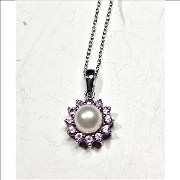 Sterling Silver Pink Topaz -CZ-Pearl Necklace