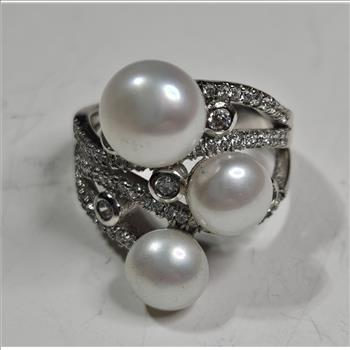 Sterling Silver - Fashion Pearl and CZ Ring