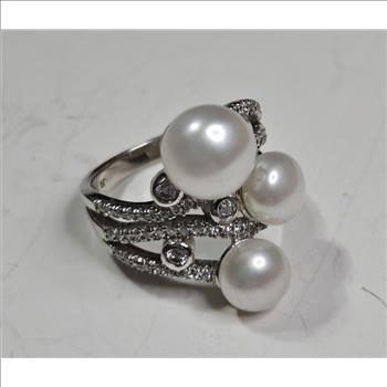 Sterling Silver - Fashion Pearl and CZ Ring