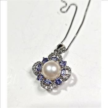 Sterling Silver Fashion Pearl - Colored CZ Necklace