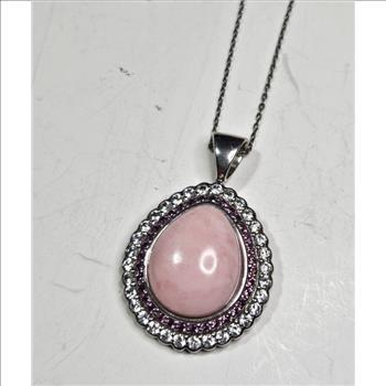 Sterling Silver Pink Polished Stone w/ CZ - Necklace