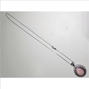 Sterling Silver Pink Polished Stone w/ CZ - Necklace