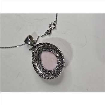 Sterling Silver Pink Polished Stone w/ CZ - Necklace