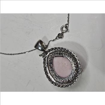 Sterling Silver Pink Polished Stone w/ CZ - Necklace