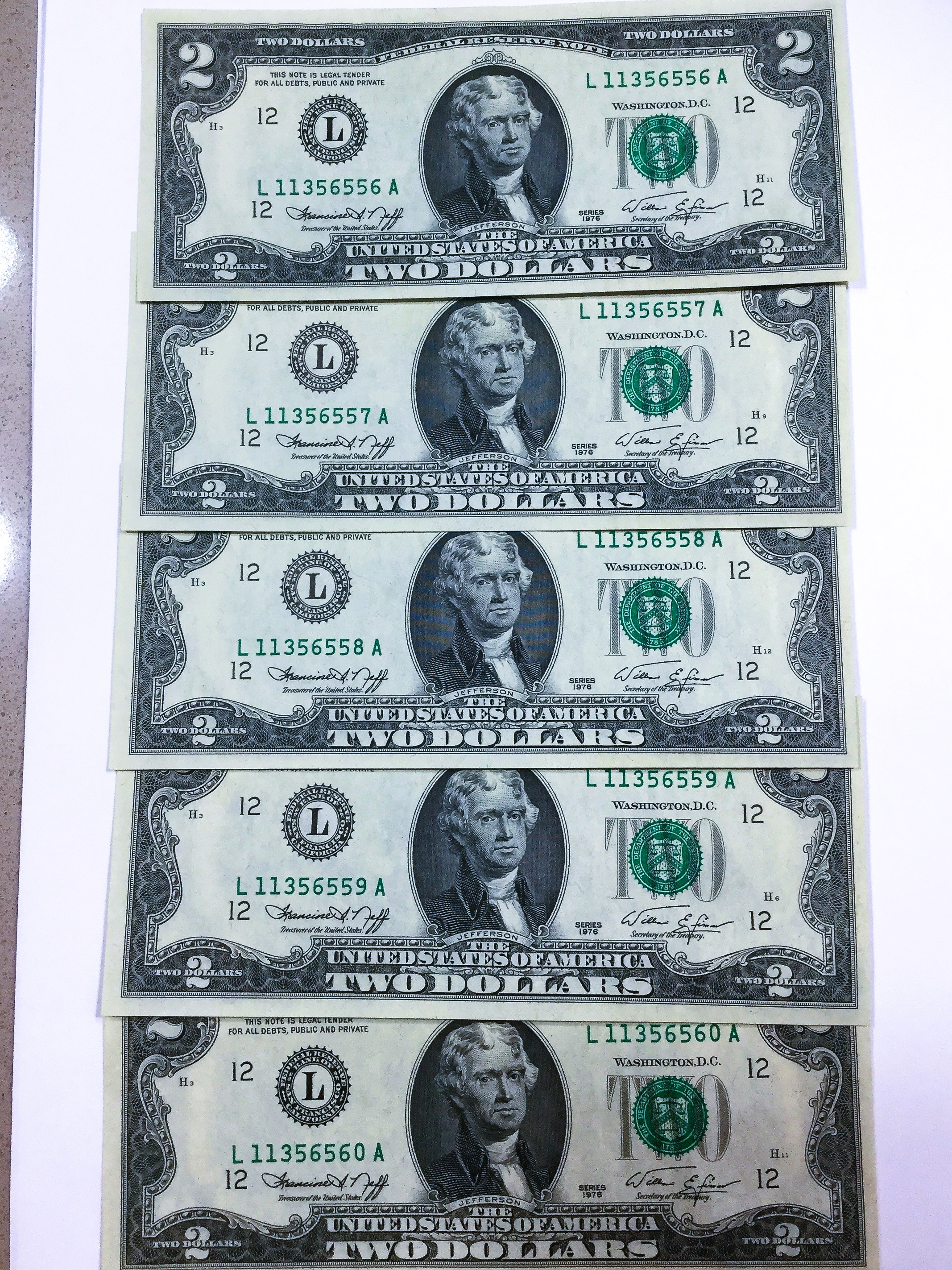 5 Consecutive 1976 $2 Dollar Bills  