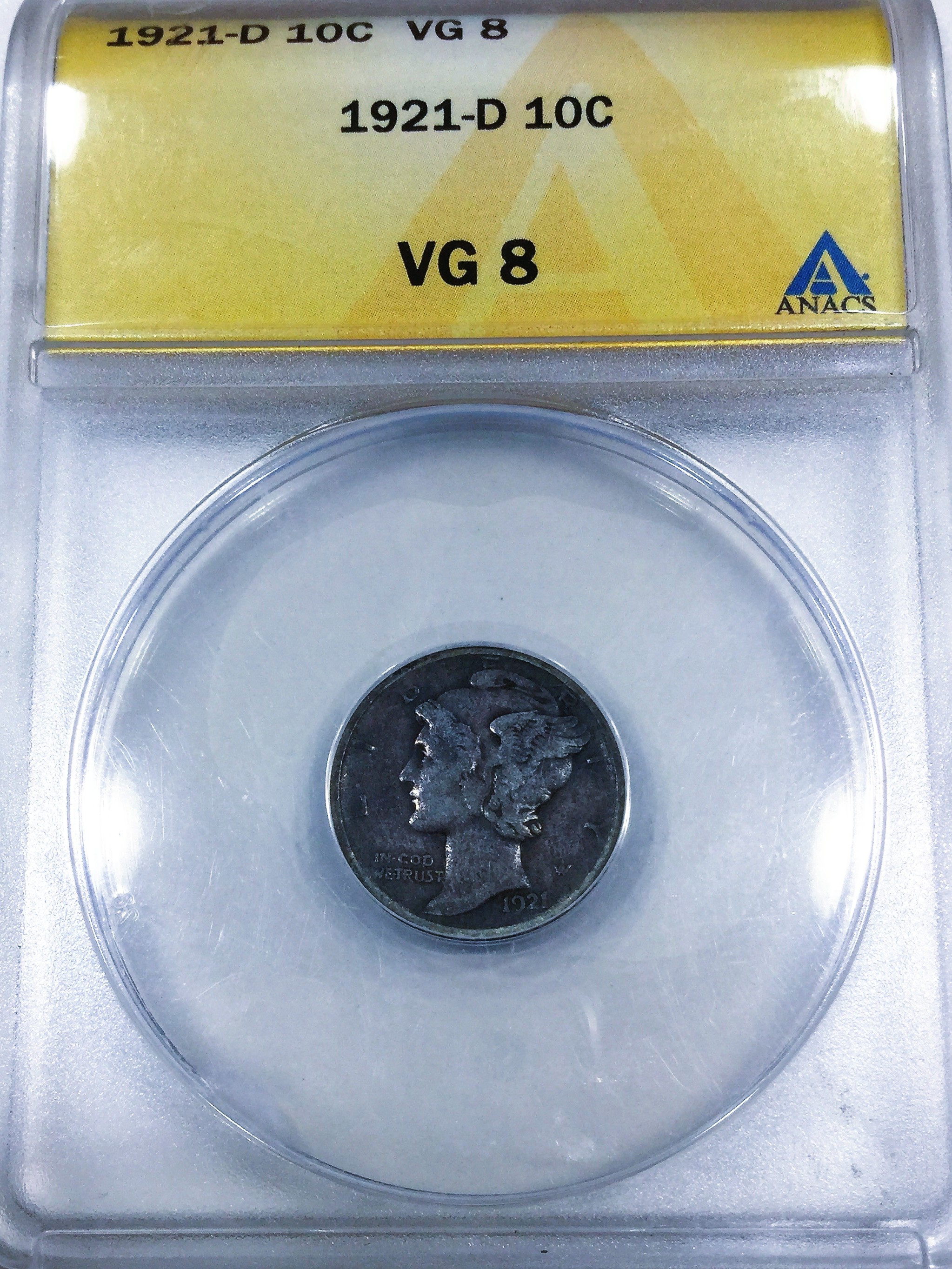 1921-D Mercury Silver Dime ANACS VG8 Beautiful Coin Rare Date 