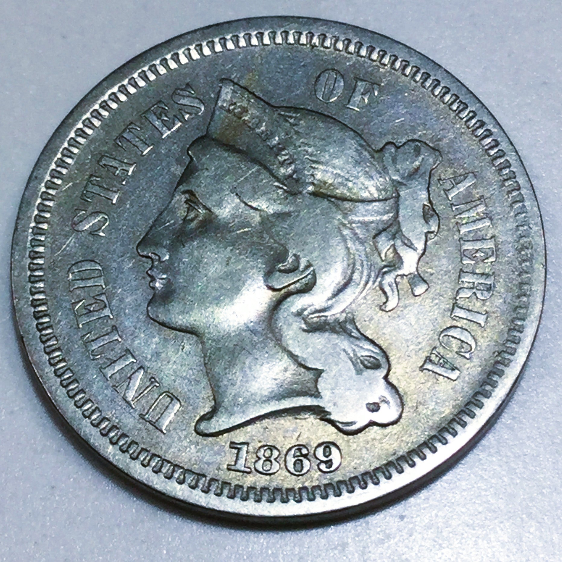1869 Three Cent Nickel Beautiful High Grade Coin 