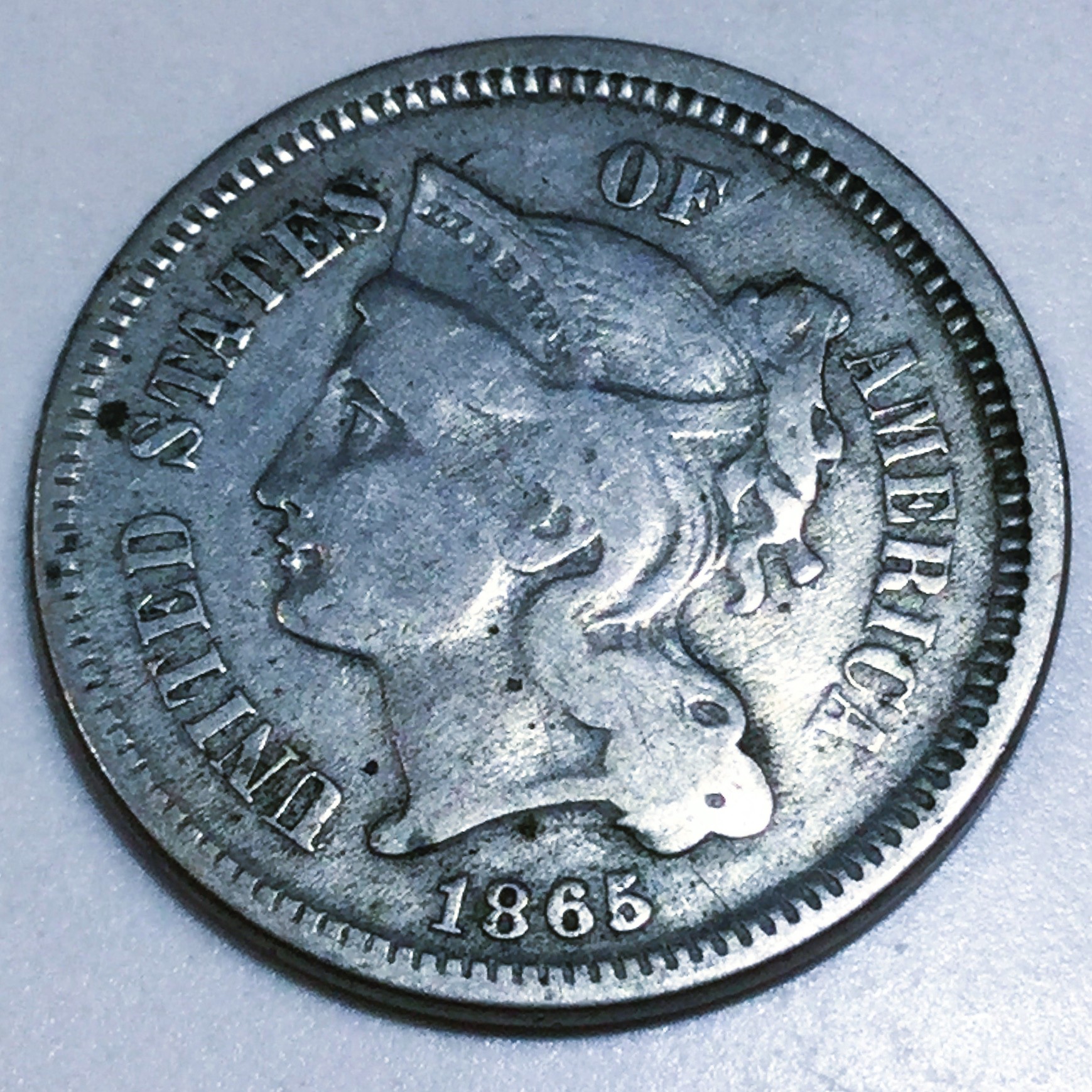 1865 Three Cent Nickel Beautiful Coin 