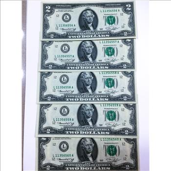 5 Consecutive 1976 $2 Dollar Bills  