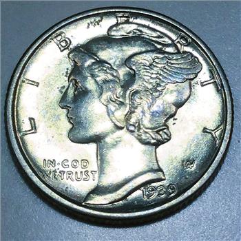 1939-D Uncirculated Mercury Silver Dime Beautiful Coin 