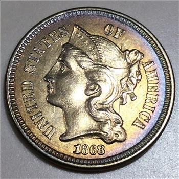 1868 Three Cent Nickel Beautiful Uncirculated Coin Nice Toning 