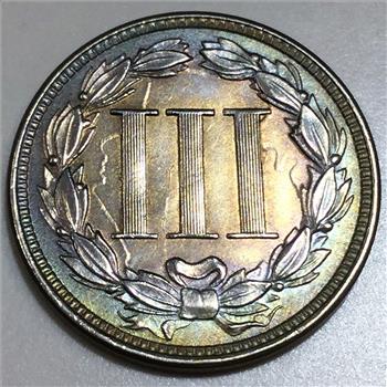 1868 Three Cent Nickel Beautiful Uncirculated Coin Nice Toning 