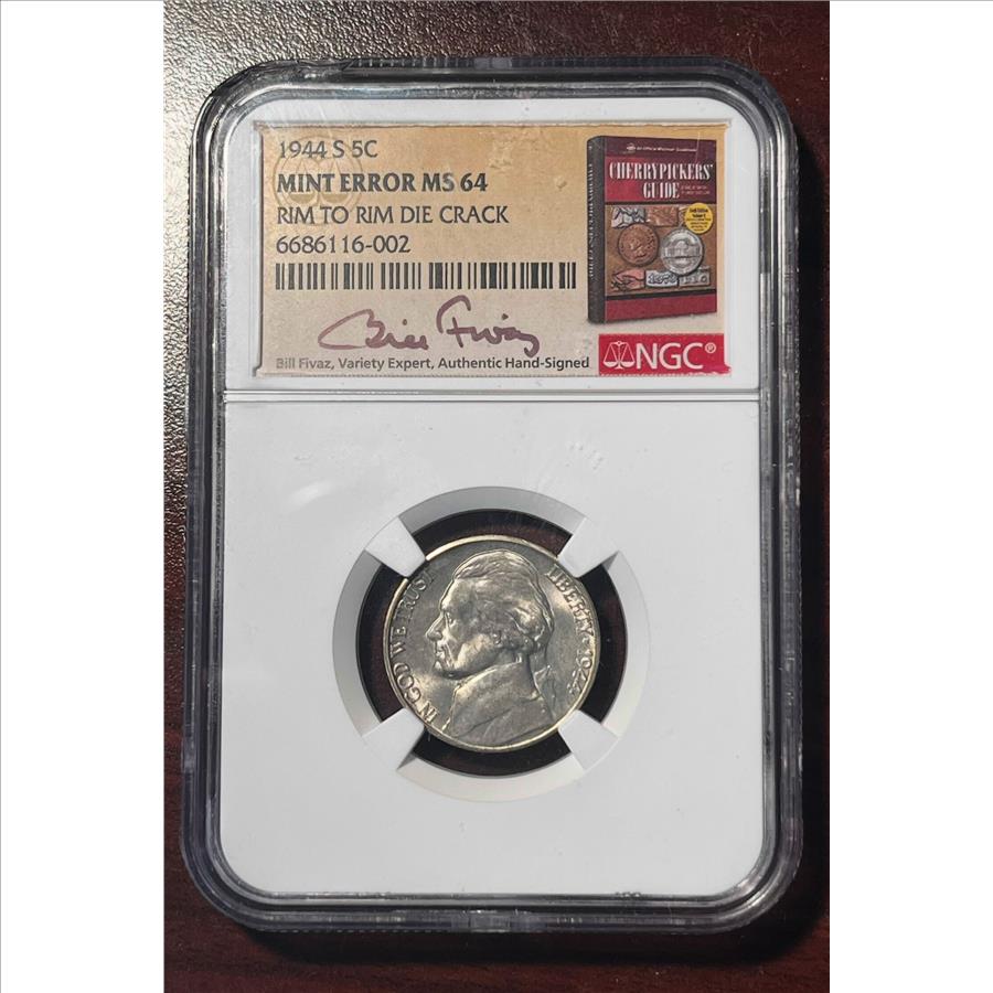 1944-S Jefferson Silver War Nickel NGC Graded MS64 Mint Error Rim to Rim Die Crack Bill Fivaz Hand Signed Label