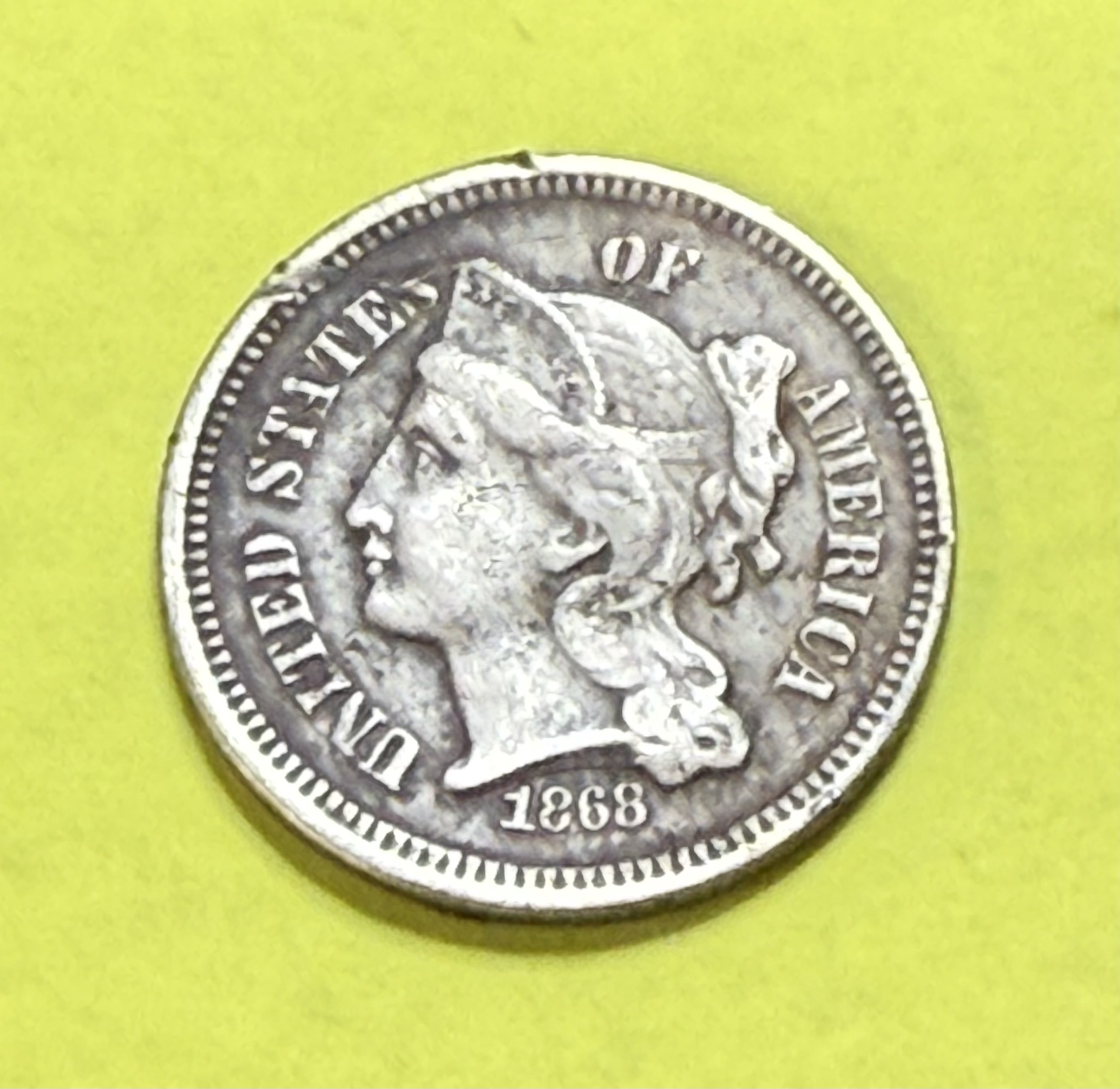 1868 Three Cent Nickel Very Good Condition 