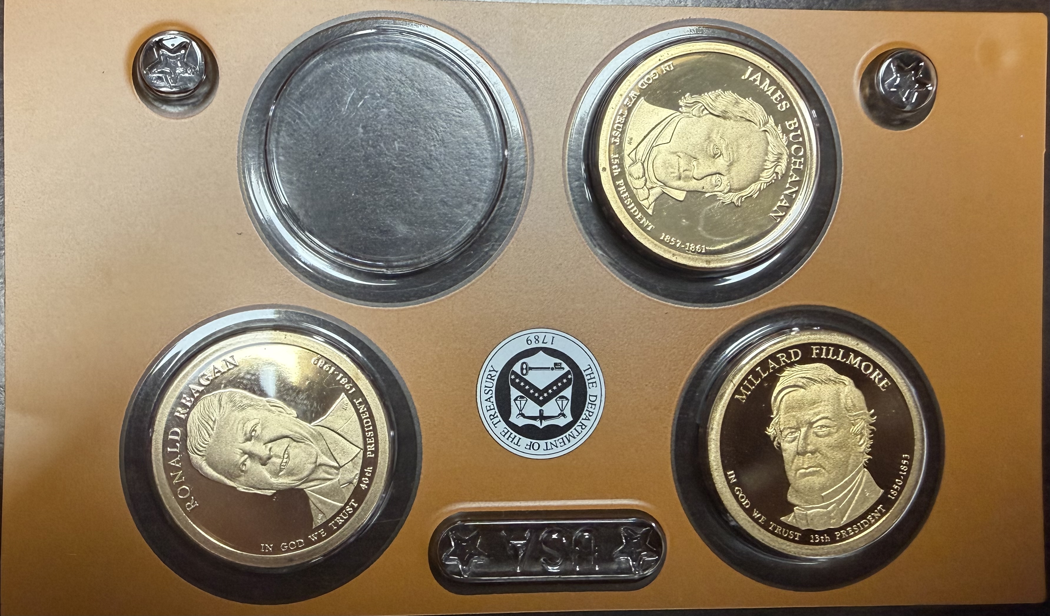 3 Presidential $1 Proof Coins Reagan Buchanan Fillmore Mixed Set Display Holder