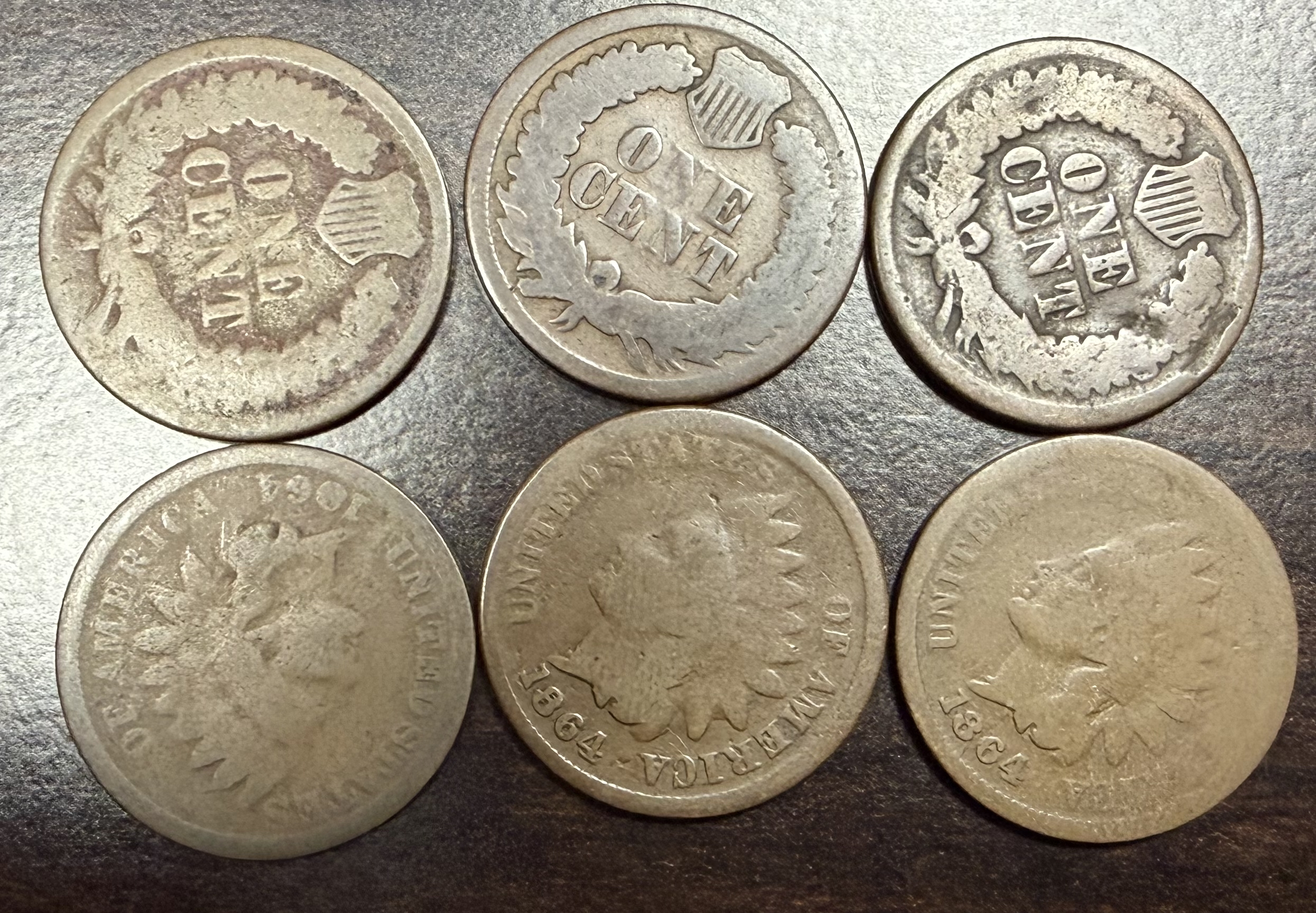 Lot of 6 1864 Indian Head Cent Pennies Civil War Era US Coins Ungraded