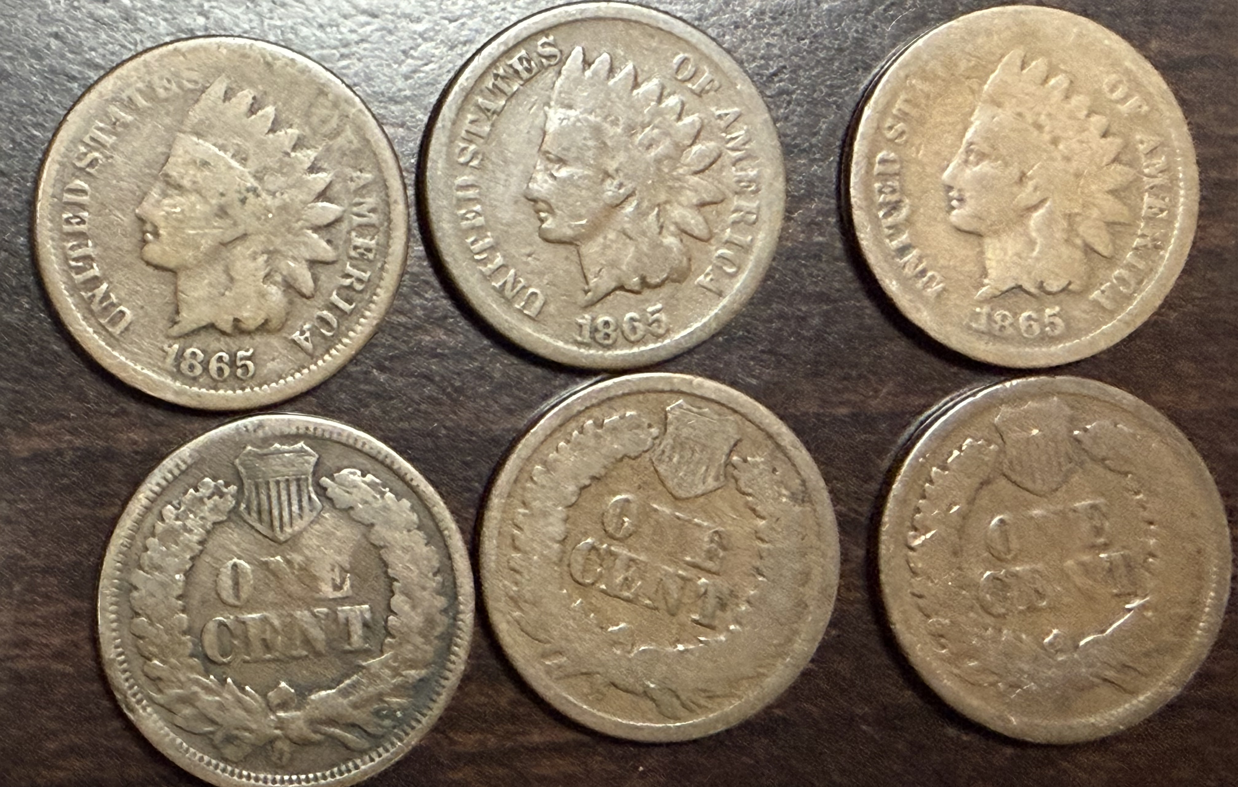 Lot of 6 1865 Indian Head Cents Civil War Era Pennies Plain/Fancy 5 Circulated