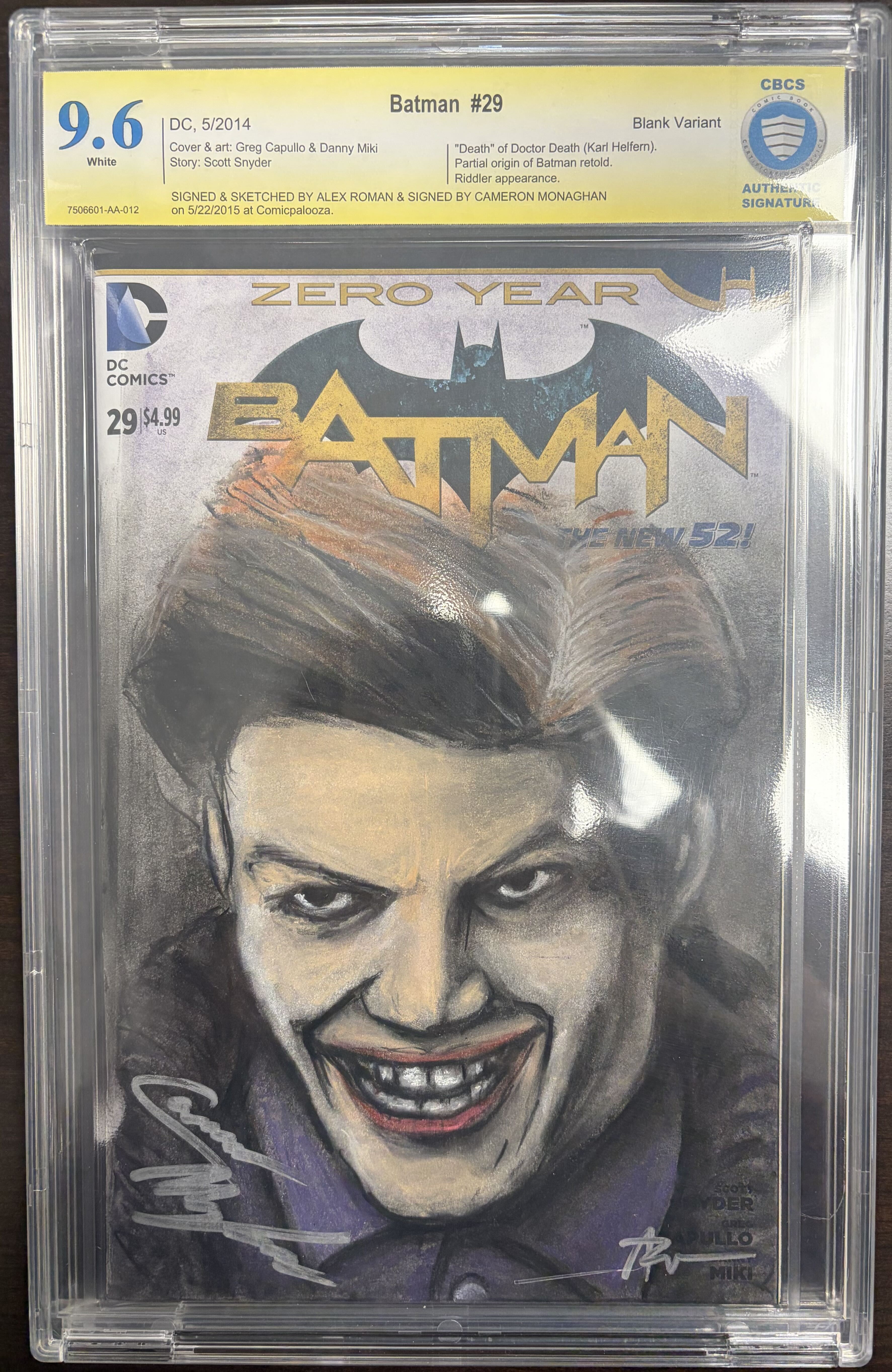 Graded & Signed Comic: DC's Batman #29 Blank Variant ("Death" of Doctor Death, Riddler Appearance) Sketched & Signed by Alex Roman & Signed by Cameron Monaghan CBCS 9.6