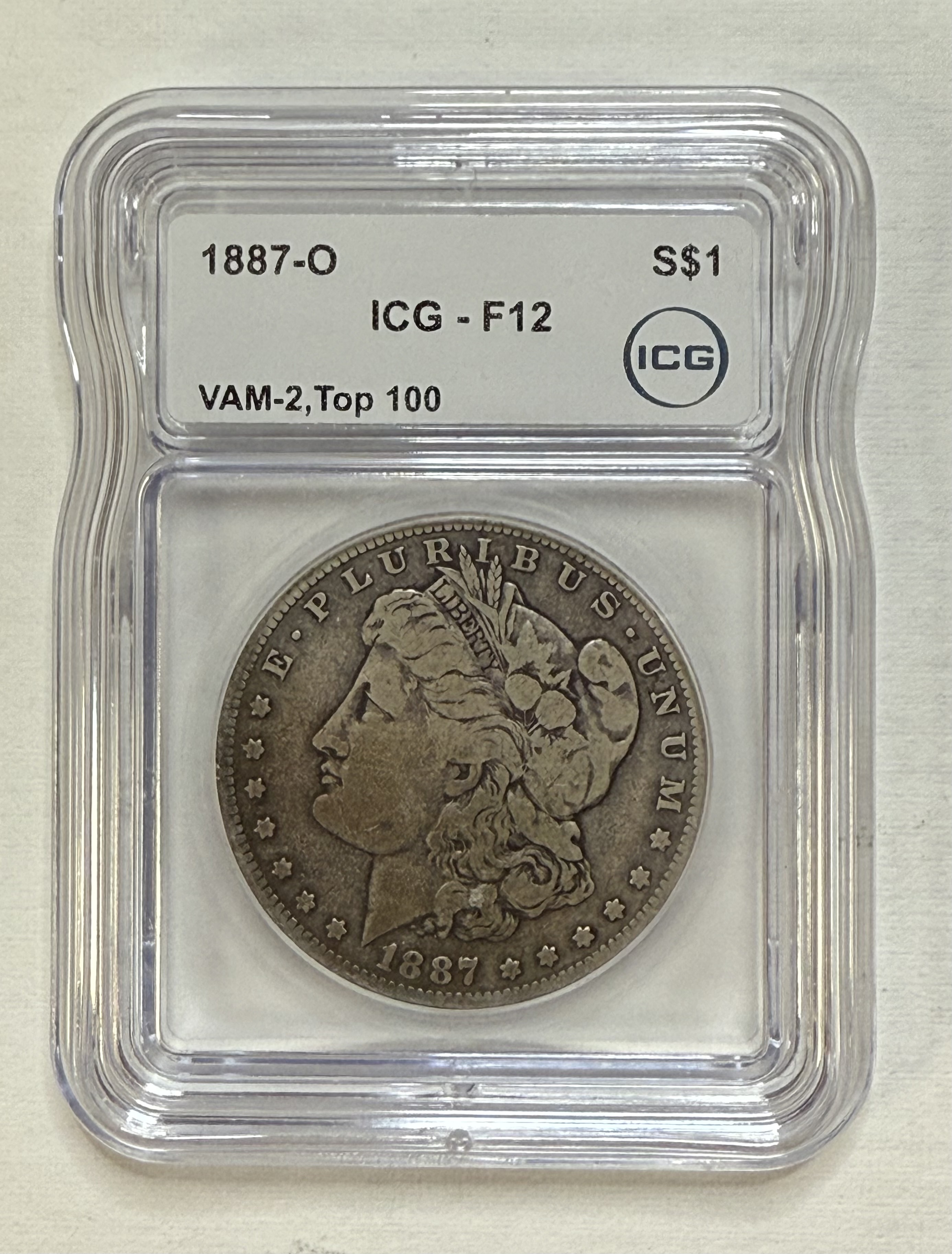 1887 O Morgan Silver Dollar Vam-2 Double Date ICG F12