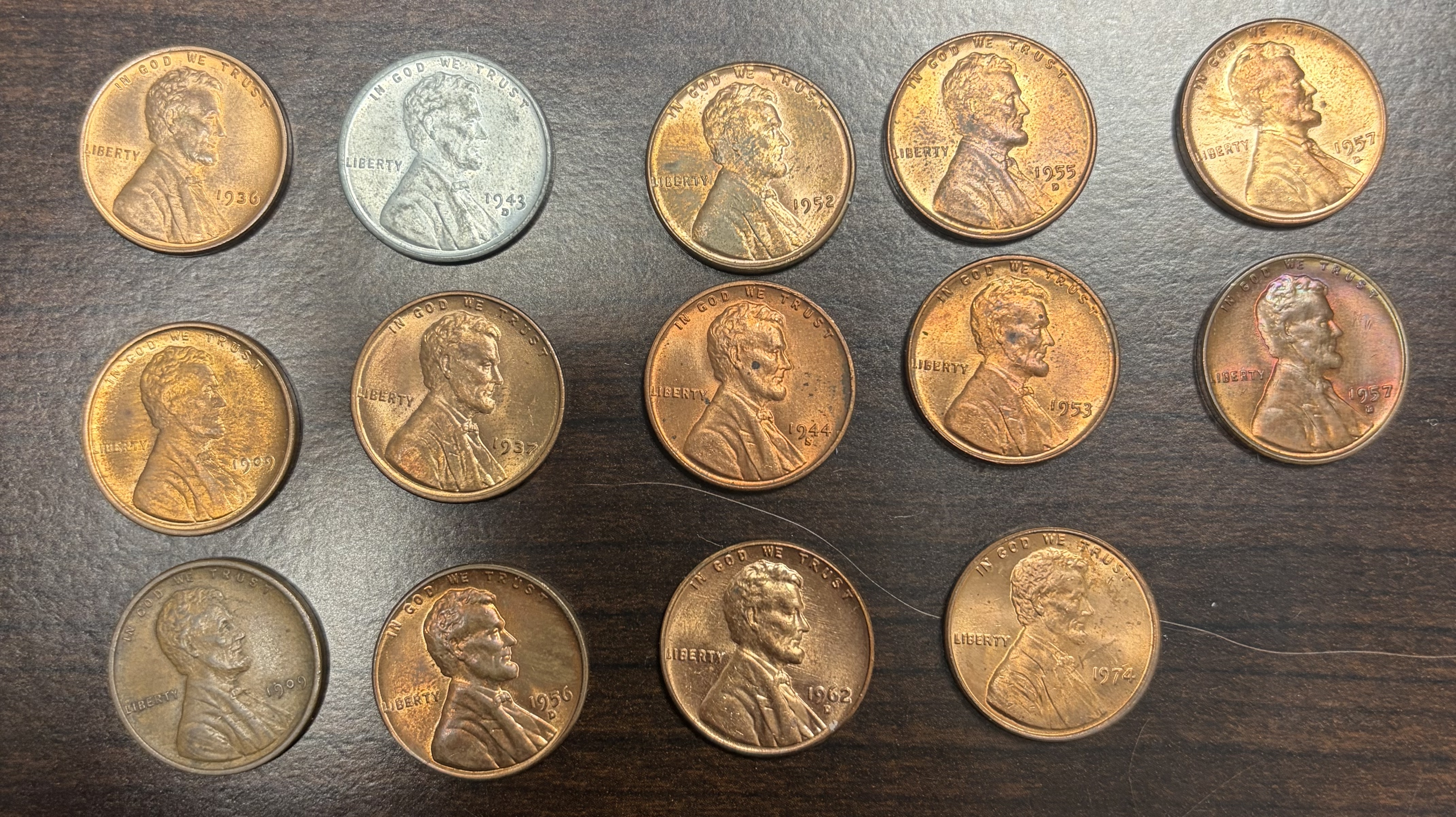 14 Coin Lincoln Penny Lot 1909 Wheat Cent 1943-D Steel 1944-S 1936-1974