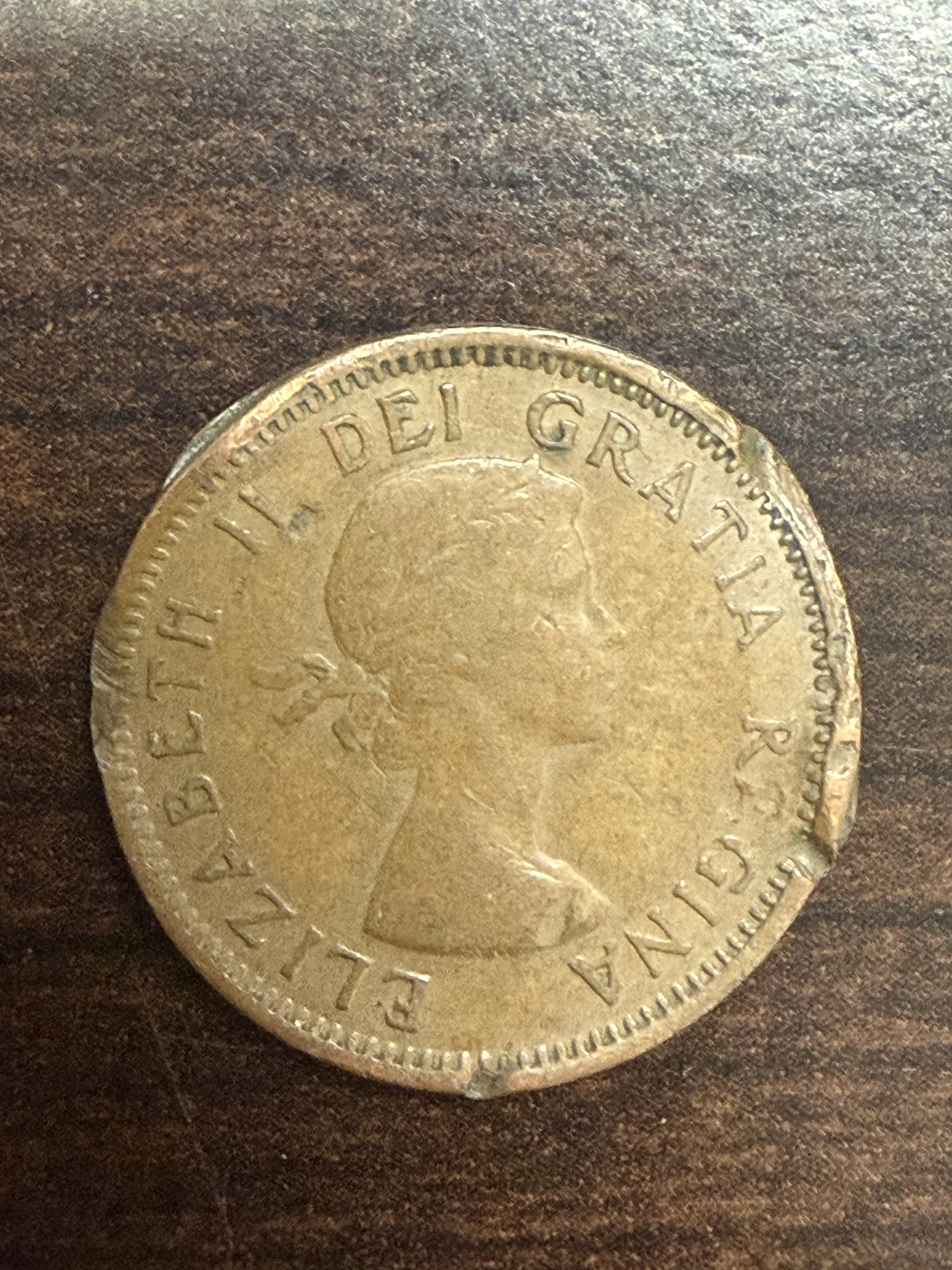 955 Canada 1 Cent Penny Queen Elizabeth II Copper Coin Circulated Damaged Rim