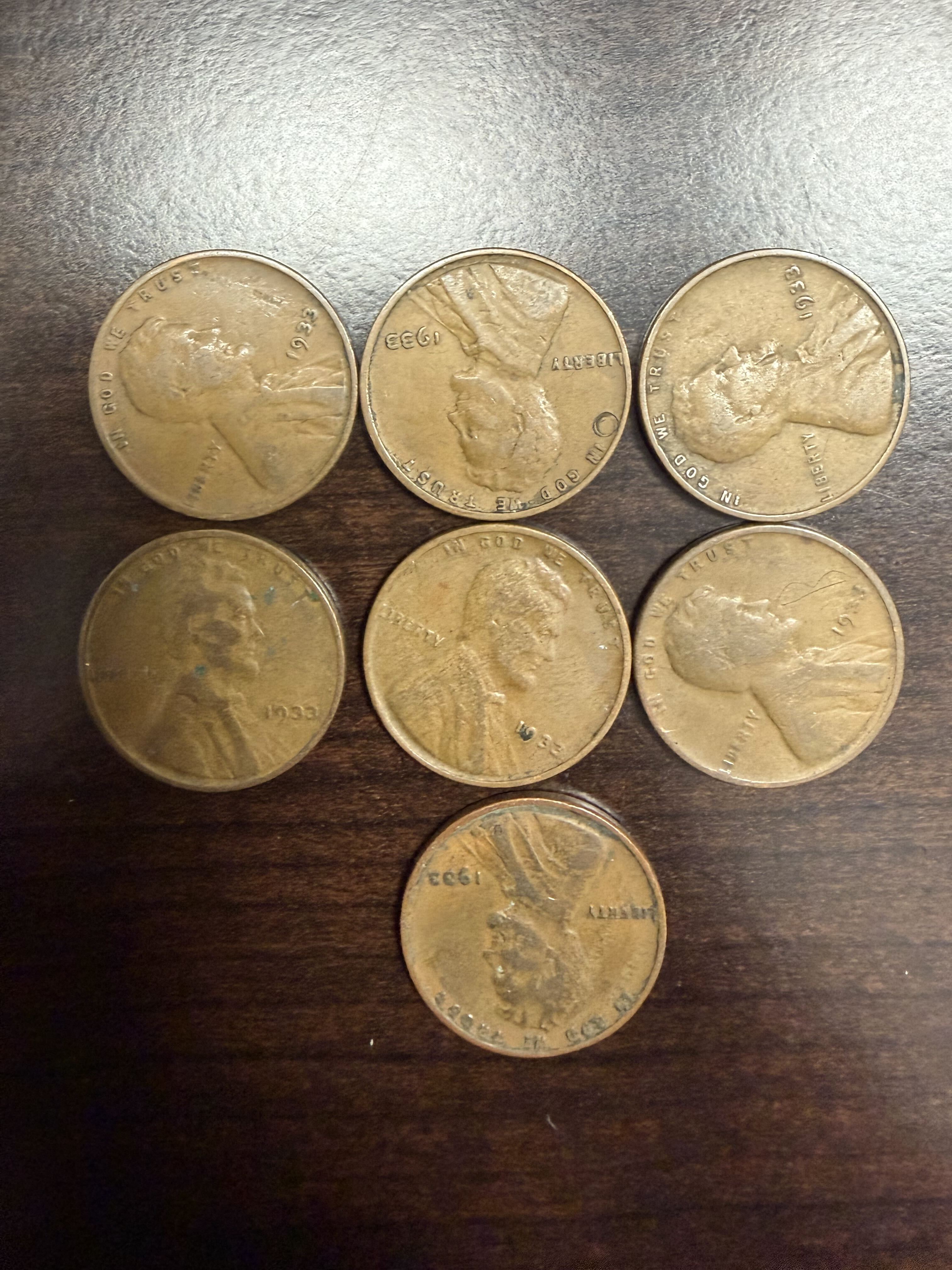Lot of 7 1933 Lincoln Wheat Cents No Mint Mark Philadelphia Pennies Circulated