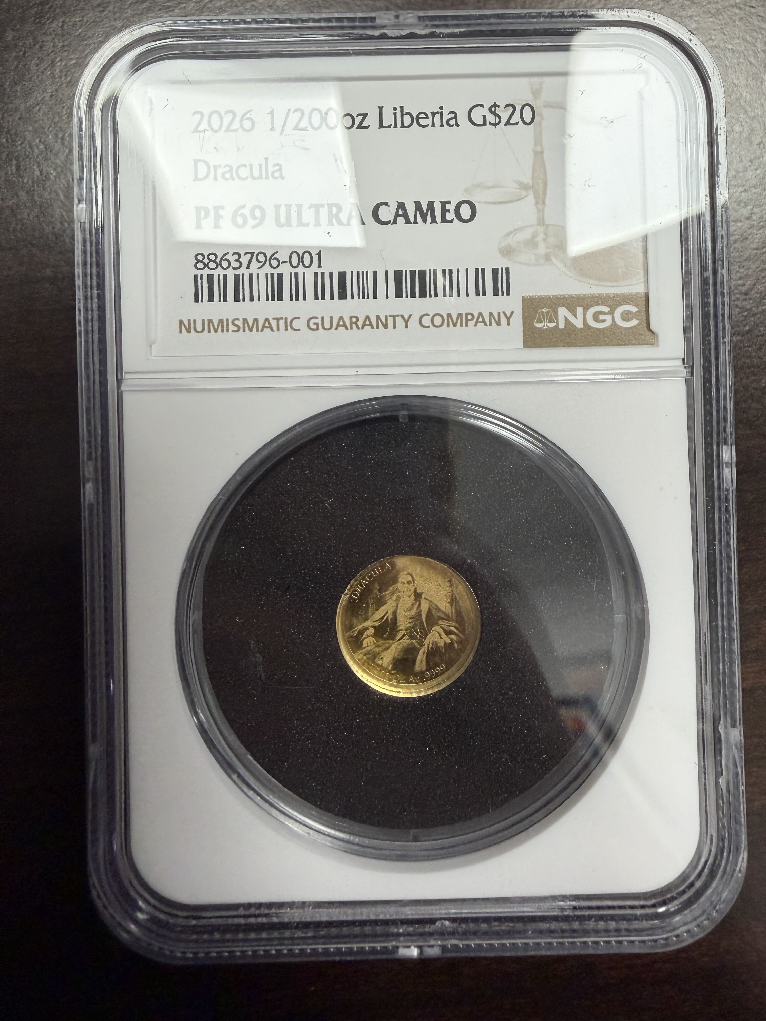2026 Liberia $20 Dracula 1/200 oz Gold NGC PF69 Ultra Cameo .999 Fine Gold