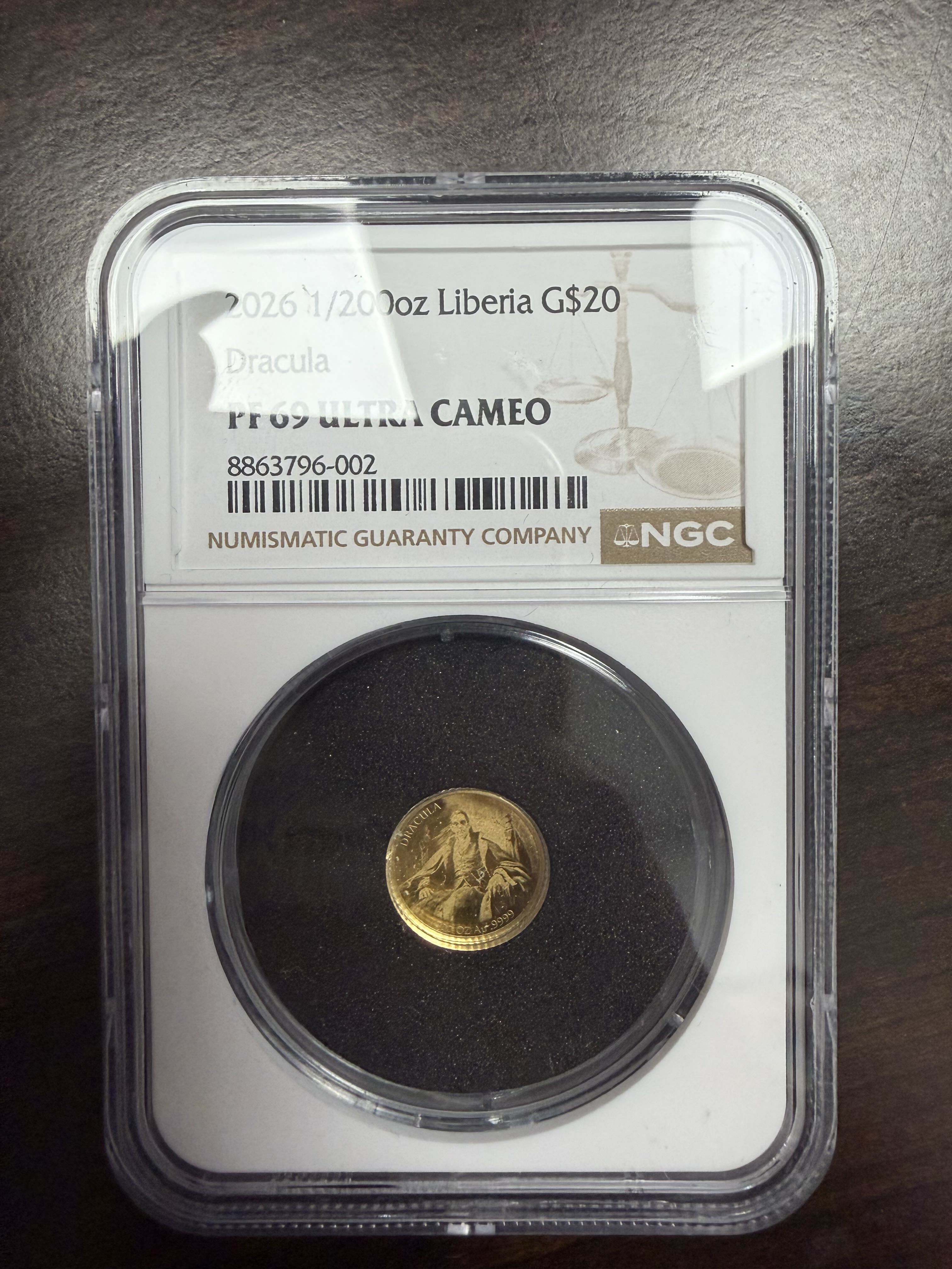 2026 Liberia $20 Dracula 1/200 oz Gold NGC PF69 Ultra Cameo .999 Fine Gold