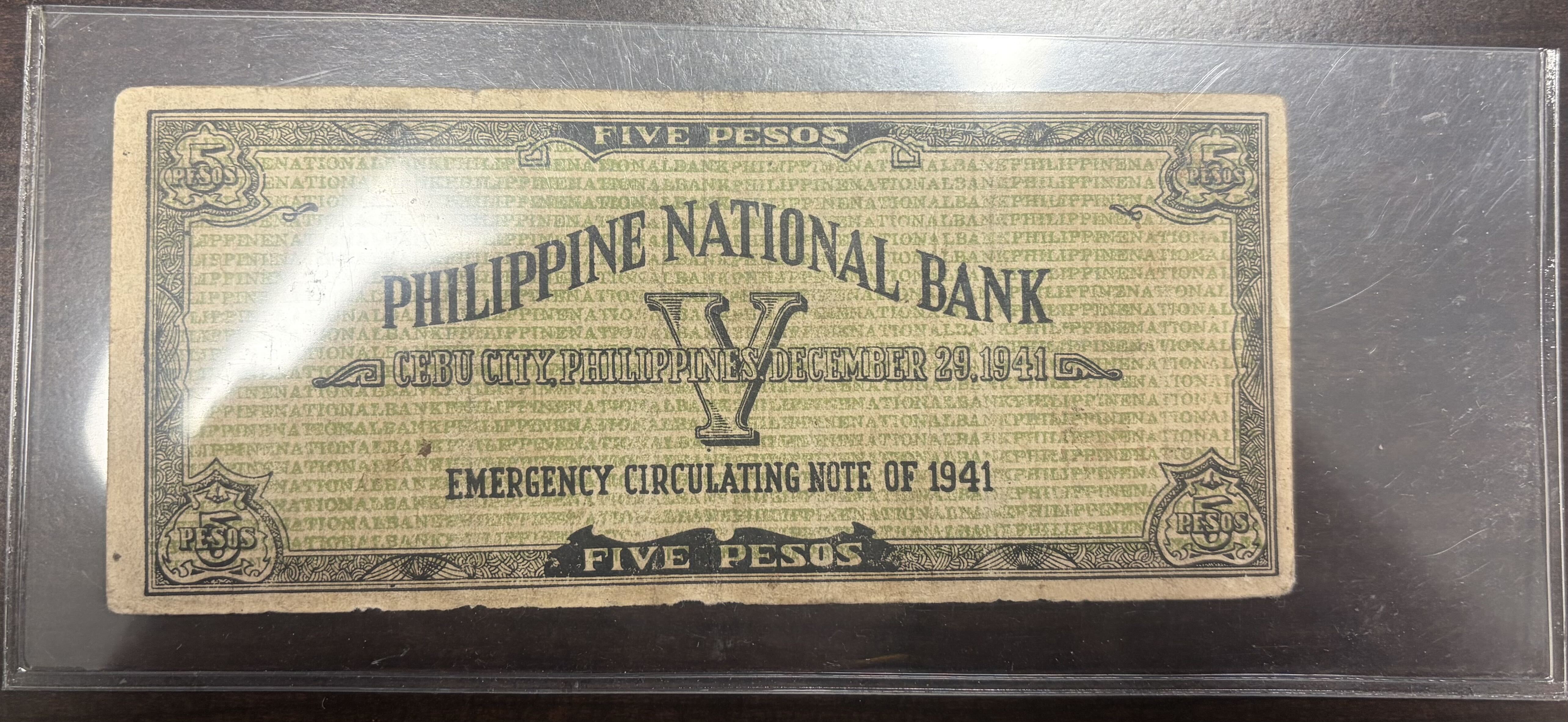  1941 Philippines 5 Pesos Cebu Emergency Circulating Note P-S216b WWII Currency